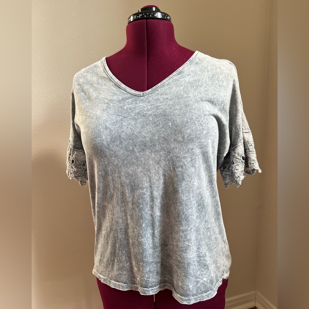 Dusty Blue Top with Crotchet Sleeves